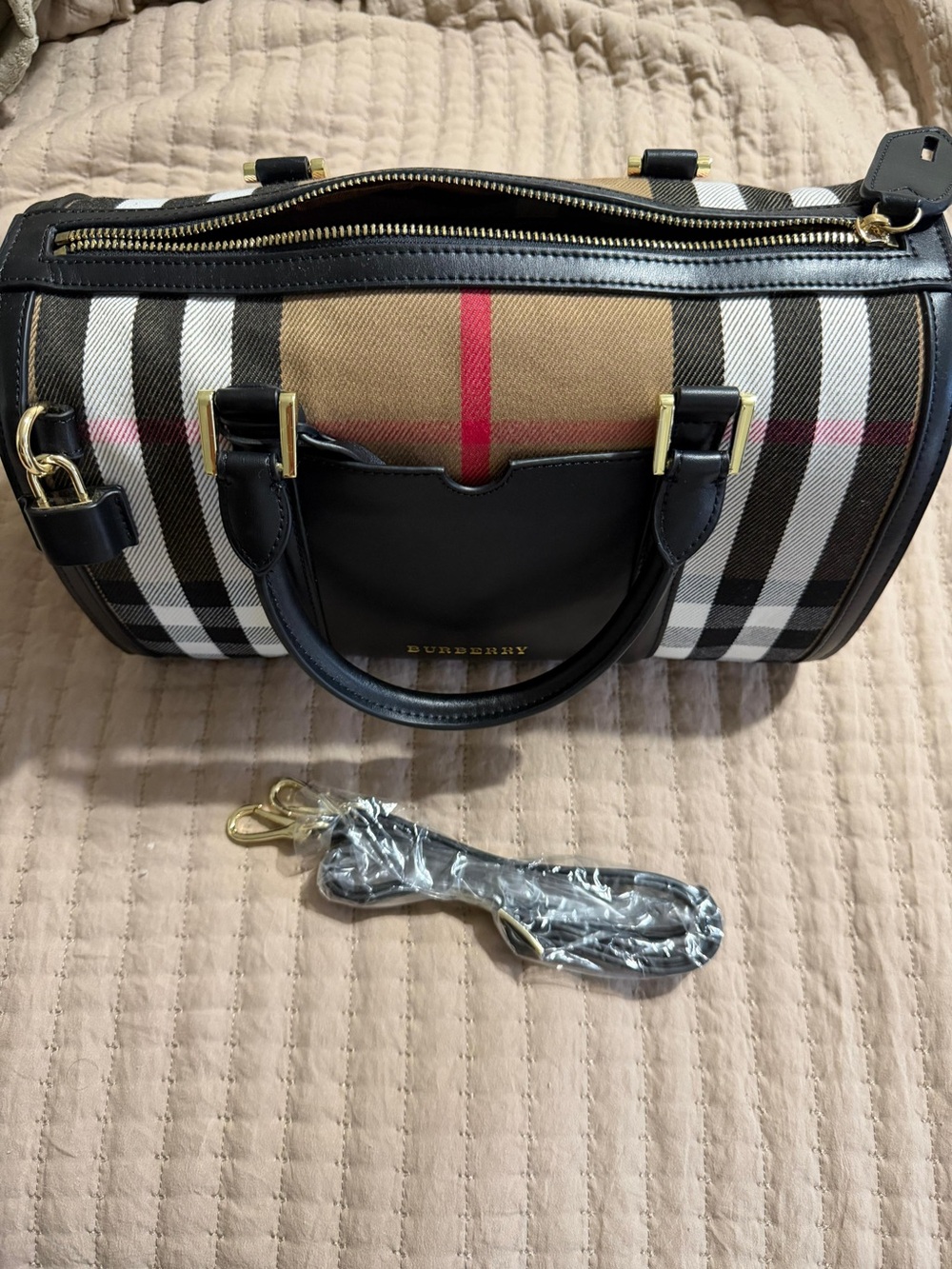 Burberry Black Leather Trim Vintage Check Satchel with Red Stripe
